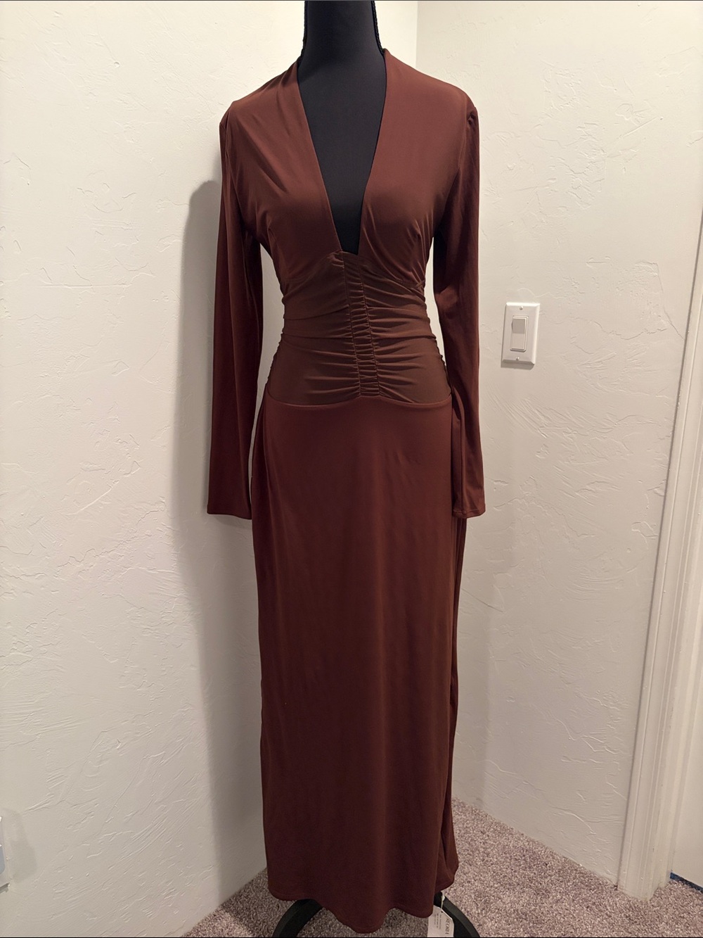Long Sleeve Brown Ruched Waist Maxi Dress